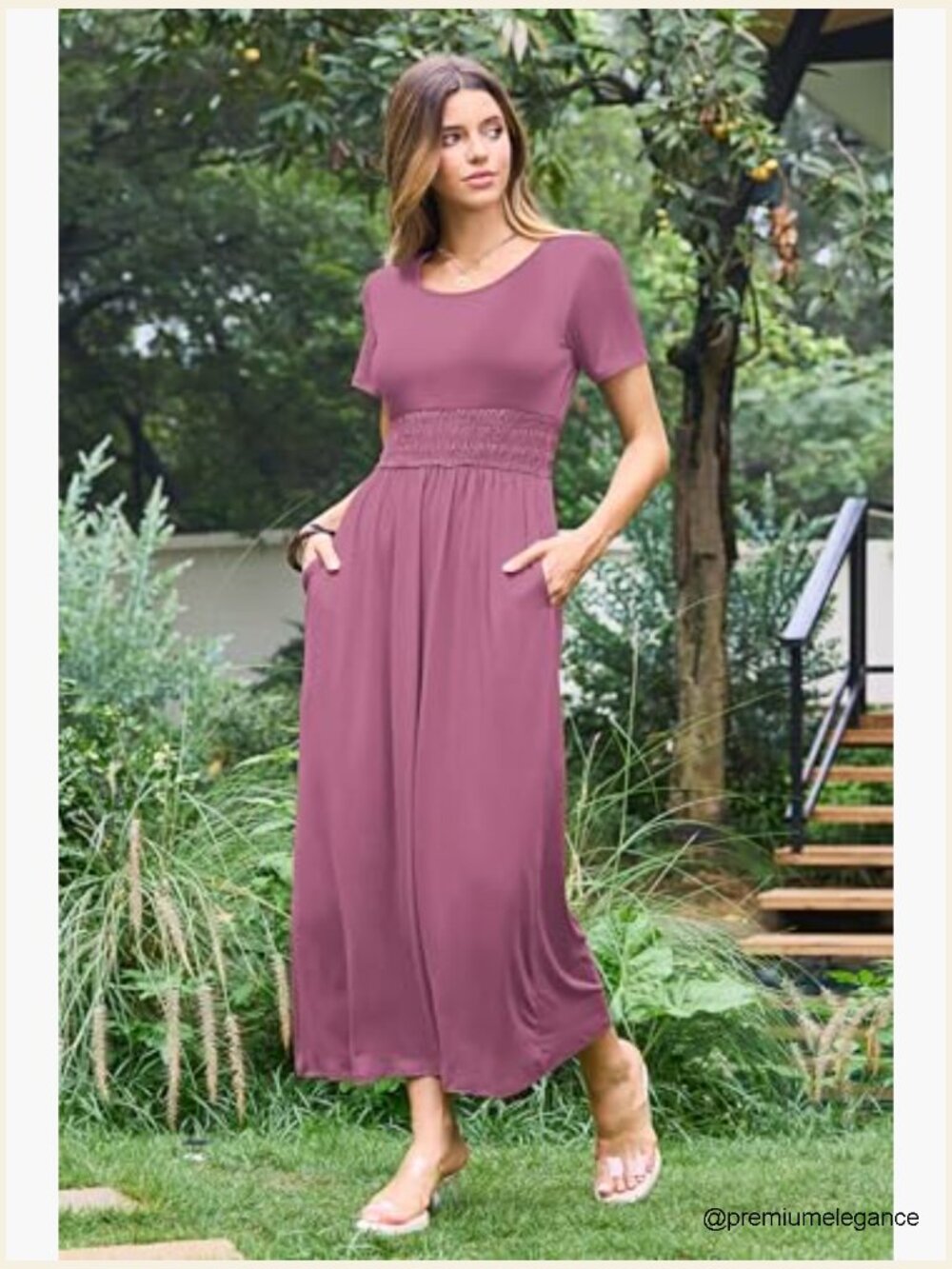 Summer Maxi Dress with Smocked Waist, Short Sleeves, and Pockets - Picture 3 of 7